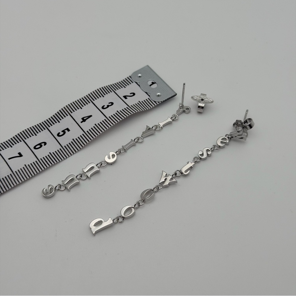 VIVIENNE WESTWOOD RAIMUNDA ASYMMETRICAL LETTER DROP EARRINGS – SILVER TONE - Picture 6 of 6